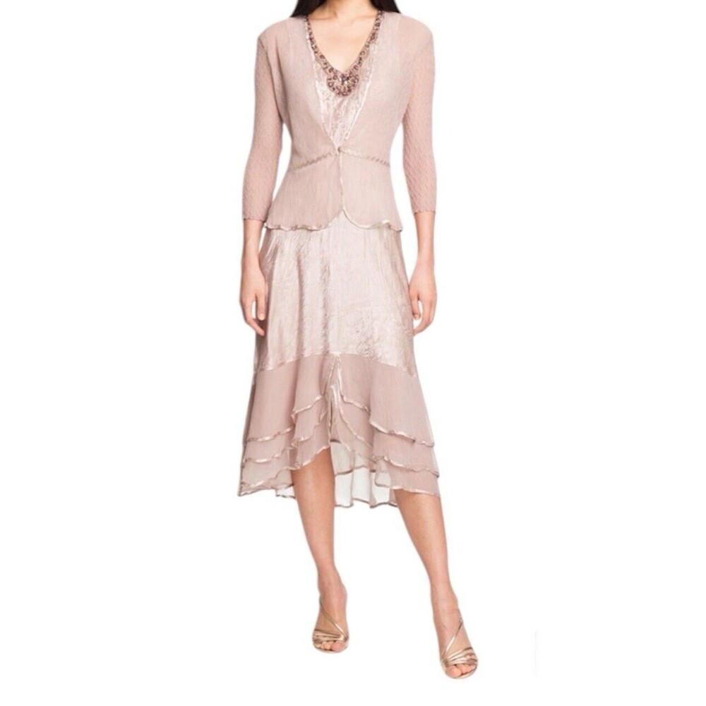 Komarov Beaded Detail Pleated Satin/Chiffon Dress with Jacket Size: Petite Large